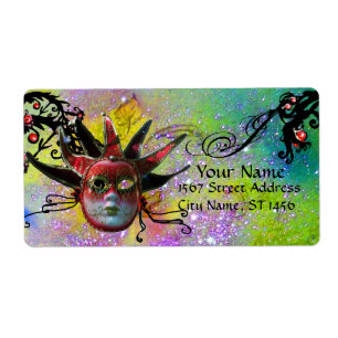 Etiqueta MÁSCARA DE JESTER NEGRO Y ROJO, Fiesta de Mascarad