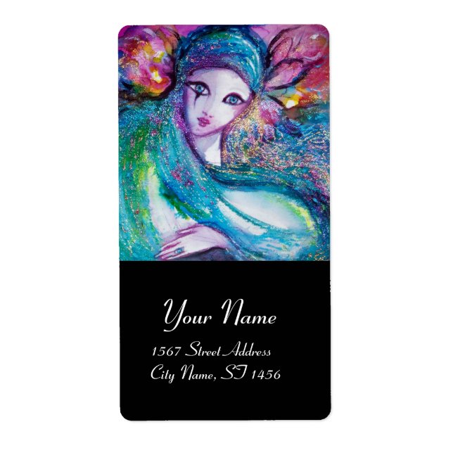 Etiqueta MÁSCARA EN AZUL, negro rosa (Frente)