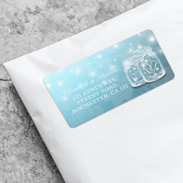 Etiqueta Mason Jar String Light Blue Floral Boda Dirección (Subido por el creador)