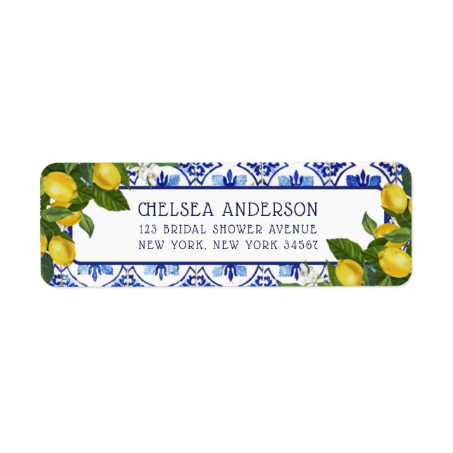 Etiqueta Mediterranean Lemon Blue Tiles Bridal Shower (Frente)