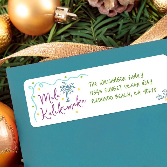 Etiqueta Mele Kalikimaka Teal Purple Green Doodles Address (Subido por el creador)