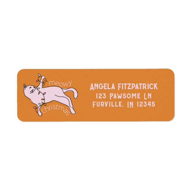 Etiqueta Meowy Navidades Luces de gato rosadas Dirección de (Frente)