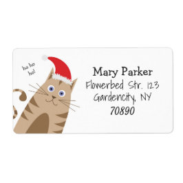 Etiqueta Meowy Xmas gato divertido lleva sombrero santa