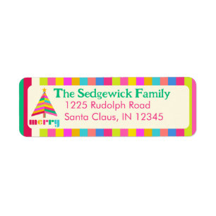 Etiqueta Merry Bright Strips Christmas Tree Return Address