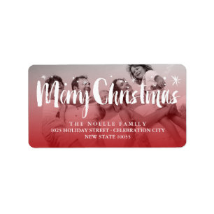 Etiqueta Merry Christmas Brush Script Stars Photo Address