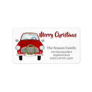 Etiqueta Merry Christmas Car and Christmas wreath 