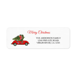 Etiqueta Merry Christmas car with tree white red beetle