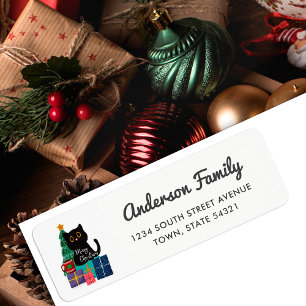 Etiqueta Merry Christmas Cute Black Cat Return Address