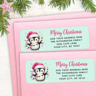 Etiqueta Merry Christmas Cute Penguin con la tinta rosa de 