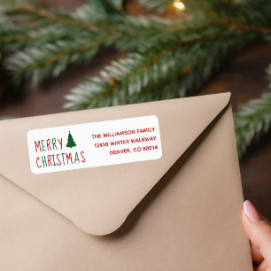 Etiqueta Merry Christmas Cute Red Green Tree Return Address