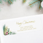Etiqueta Merry Christmas Gold Berries Return Address<br><div class="desc">Este elegante sello de Navidades de retorno está decorado con follaje acuático y bayas en rojo,  verde y dorado. Dice Feliz Navidad en elegante tipografía de escritura. Personalizable fácil. Porque creamos nuestra obra de arte no encontrarás esta imagen exacta de otros diseñadores. Acuarela original © Michele Davies.</div>