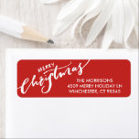 Etiqueta Merry Christmas Hand con letras Red Return Address<br><div class="desc">Celebra la temporada con esta etiqueta de dirección festiva de regreso con las palabras "Feliz Navidad" en blanco con letras a mano fijadas en un fondo rojo (cambia fácilmente a tu elección de color). Agregue su dirección o texto personalizado para personalizar. Moderno y audaz, pero simple y festivo - perfecto...</div>