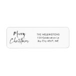 Etiqueta Merry Christmas Modern Script Family Name Address<br><div class="desc">Feliz Navidad Moderno Pegatina de dirección de retorno en blanco y negro con caligrafía de guiones y un tipo de letra limpio para su dirección personalizado.</div>