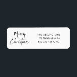 Etiqueta Merry Christmas Modern Script Family Name Address<br><div class="desc">Feliz Navidad Moderno Pegatina de dirección de retorno en blanco y negro con caligrafía de guiones y un tipo de letra limpio para su dirección personalizado.</div>