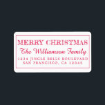 Etiqueta Merry Christmas Red Return Address<br><div class="desc">Añade un poco más de alegría a tus tarjetas de vacaciones e invitaciones con nuestras etiquetas de la dirección de retorno de Feliz Navidad. Este elegante diseño de Navidades presenta 'Feliz Navidad' en caligrafía roja elegante y tipografía moderna. Simplemente agrega tu nombre y dirección. Diseñado exclusivamente para usted por Happy...</div>