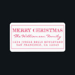 Etiqueta Merry Christmas Red Return Address<br><div class="desc">Añade un poco más de alegría a tus tarjetas de vacaciones e invitaciones con nuestras etiquetas de la dirección de retorno de Feliz Navidad. Este elegante diseño de Navidades presenta 'Feliz Navidad' en caligrafía roja elegante y tipografía moderna. Simplemente agrega tu nombre y dirección. Diseñado exclusivamente para usted por Happy...</div>