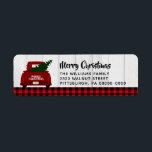 Etiqueta Merry Christmas Red Truckand Tree Red Plage<br><div class="desc">Feliz Navidad Camión Rojo y la etiqueta de la dirección de la bandeja roja del árbol - el toque perfecto para su correspondencia de vacaciones. Nuestra etiqueta incluye una camioneta roja de cosecha antigua que lleva un árbol de Navidad recién cortado con acentos de chapa de búfalo rojo y madera...</div>