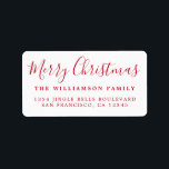 Etiqueta Merry Christmas Red White Return Address<br><div class="desc">Añade un poco más de alegría a tus tarjetas de vacaciones e invitaciones con nuestras etiquetas de la dirección de retorno de Feliz Navidad. Este elegante diseño de Navidades presenta 'Feliz Navidad' en caligrafía de guion de moda escrita a mano en rojo sobre un fondo blanco. Simplemente agrega tu nombre...</div>