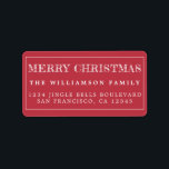 Etiqueta Merry Christmas Red White Return Address<br><div class="desc">Añade un poco más de alegría a tus tarjetas de vacaciones e invitaciones con nuestras etiquetas de la dirección de retorno de Feliz Navidad. Este elegante diseño Navidad presenta 'Feliz Navidad' en una tipografía blanca y moderna escrita a mano sobre un fondo rojo. Simplemente agrega tu nombre y dirección. Diseñado...</div>