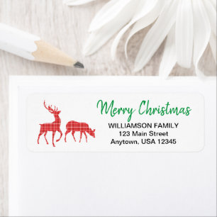 Etiqueta Merry Christmas Reindee Red Plaid Pattern