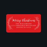 Etiqueta Merry Christmas Return Address Foliage Bright Red<br><div class="desc">Elegante y simple etiqueta de dirección de la familia Merry Christmas con caligrafía de escritura manuscrita blanca y elegante y tipografía elegante sobre un fondo verde oscuro con follaje dibujado a mano en bonito. Simplemente agregue nombre y dirección. Diseñado exclusivamente para usted por Happy Dolphin Studio. Si necesita ayuda o...</div>