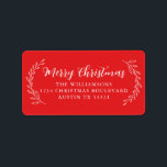 Etiqueta Merry Christmas Return Address Foliage Bright Red<br><div class="desc">Elegante y simple etiqueta de dirección de la familia Merry Christmas con caligrafía de escritura manuscrita blanca y elegante y tipografía elegante sobre un fondo verde oscuro con follaje dibujado a mano en bonito. Simplemente agregue nombre y dirección. Diseñado exclusivamente para usted por Happy Dolphin Studio. Si necesita ayuda o...</div>