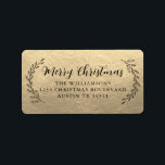 Etiqueta Merry Christmas Return Address Foliage Gold<br><div class="desc">Elegante y simple etiqueta de la dirección de la familia Merry Christmas, con una elegante caligrafía de escritura manuscrita negra y una tipografía elegante sobre un fondo dorado de champán con follaje dibujado a mano en bonito. Simplemente agregue nombre y dirección. Diseñado exclusivamente para usted por Happy Dolphin Studio. Si...</div>