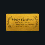 Etiqueta Merry Christmas Return Address Foliage Gold<br><div class="desc">Elegante y simple etiqueta de la dirección de la familia Merry Christmas con caligrafía de escritura manuscrita elegante y negra y tipografía elegante sobre un fondo de oro clásico con follaje dibujado a mano de bonito. Simplemente agregue nombre y dirección. Diseñado exclusivamente para usted por Happy Dolphin Studio. Si necesita...</div>