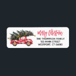 Etiqueta Merry Christmas Script Red Truck Return Address<br><div class="desc">Feliz Navidad Script Red Truck Return Address. Etiqueta perfecta de retorno para sus tarjetas de vacaciones. La etiqueta Rectangle return incluye un guión de pincel de firma y un camión rojo de color de agua pintado a mano. Se puede personalizar el color de las fuentes y tipos de letra. Los...</div>