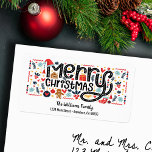 Etiqueta Merry Christmas Typography Return Address<br><div class="desc">Feliz Navidad con una fuente divertida está rodeada de adorables artículos de vacaciones en estas llamativas etiquetas de las direcciones de retorno. COINCIDIENDO elementos de nuestra colección.</div>