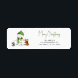 Etiqueta Merry Christmas Typography Snowman Return Address<br><div class="desc">Sencilla y linda etiqueta de dirección de regreso de Feliz Navidad con el ilustracion de un lindo muñeco de nieve y algunos animales. Complemento perfecto para tu papelería Navidad. Ilustrado y diseñado por Patricia Álvarez.</div>