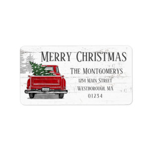 Etiqueta Merry Christmas Vintage Red Truck Tree Dirección