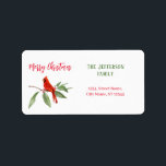 Etiqueta Merry Christmas Watercolor Verde Cardinal Bird<br><div class="desc">Pintura acuarela de un cardenal rojo sentado en una rama con hojas verdes y bayas rojas. Feliz Navidad en un estilo de letra muy moderno.</div>