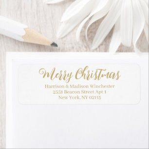 Etiqueta Merry Christmas white gold calligraphy address