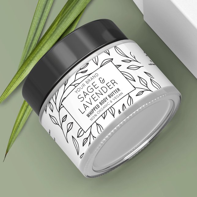 Etiqueta mínima moderna de vidrio estético floral (Elegant floral skincare jar packaging label template in black and white with botanical background)