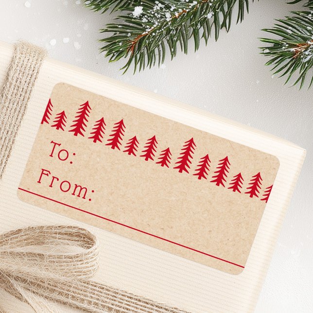 Etiqueta Minimal cute Christmas trees red Kraft print (Minimal cute Christmas trees red Kraft print Label)