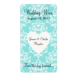 Etiqueta Minitoleta de vino Aqua Blue Damask Wedding