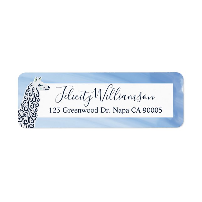 Etiqueta Moda, acuarela azul moderna y Ilustracion de Llama (Frente)