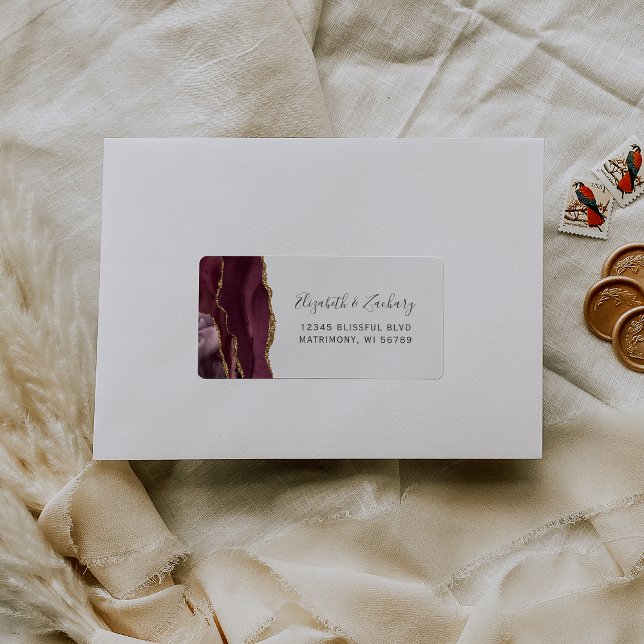 Etiqueta Moda Burgundy Gold Wedding RSVP Autodirección (Subido por el creador)