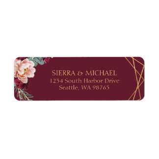 Etiqueta Moda Floral Borgoña Boda de oro Dirección de devol