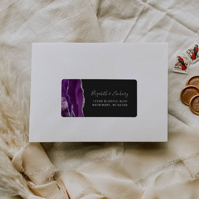 Etiqueta Moda Plata Púrpura Boda Oscura RSVP Autodirección (Subido por el creador)