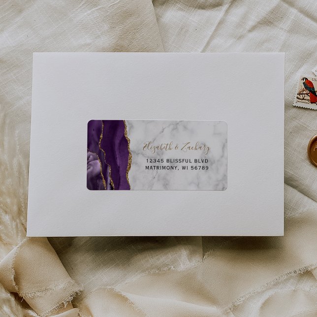 Etiqueta Moda Purple Gold Marble Wedding RSVP Autodirección (Subido por el creador)