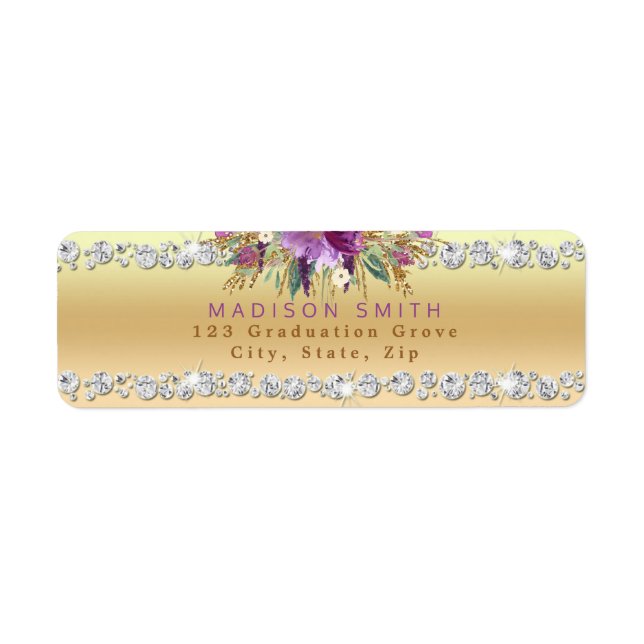 Etiqueta Moda Purpurina púrpura Flores Diamantes Oro (Frente)