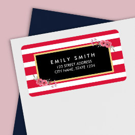 Etiqueta Moda rayas rosadas y blancas con acuarela floral