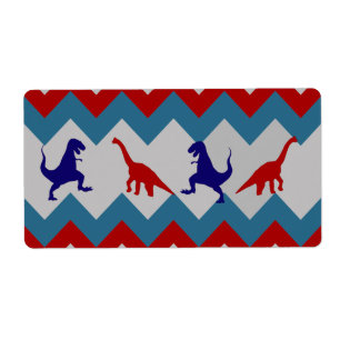 Etiqueta Modelo azul rojo de Chevron de los dinosaurios de