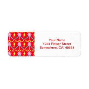 Etiqueta Modelo floral rojo y amarillo de la teja