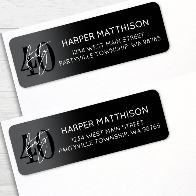 Etiqueta Modern Black 40th Birthday Party Return Address (Modern Black 40th Birthday Party Return Address label)