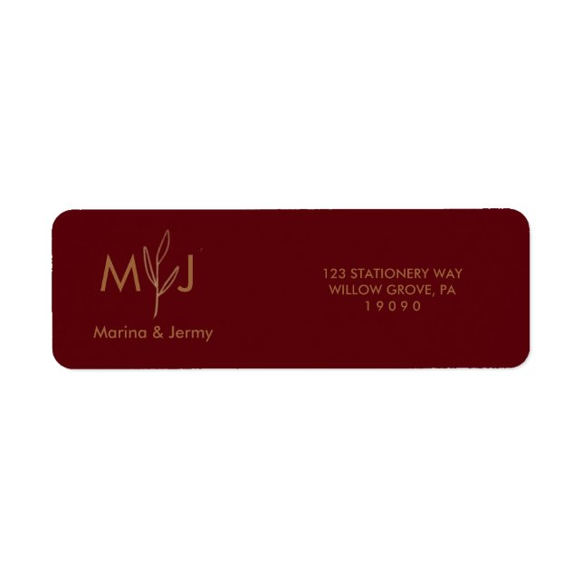 Etiqueta Modern Burgundy Golden Leaflet Monogram  (Frente)