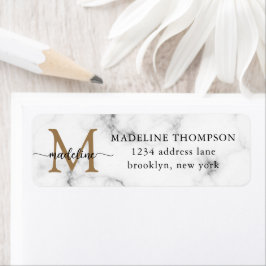 Etiqueta Modern Marble Gold Girly Script Monogram Address