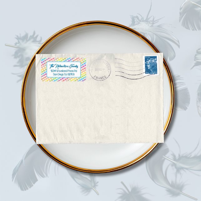 Etiqueta Modern Pastel Gingham Rainbow Baby Shower Party (Subido por el creador)